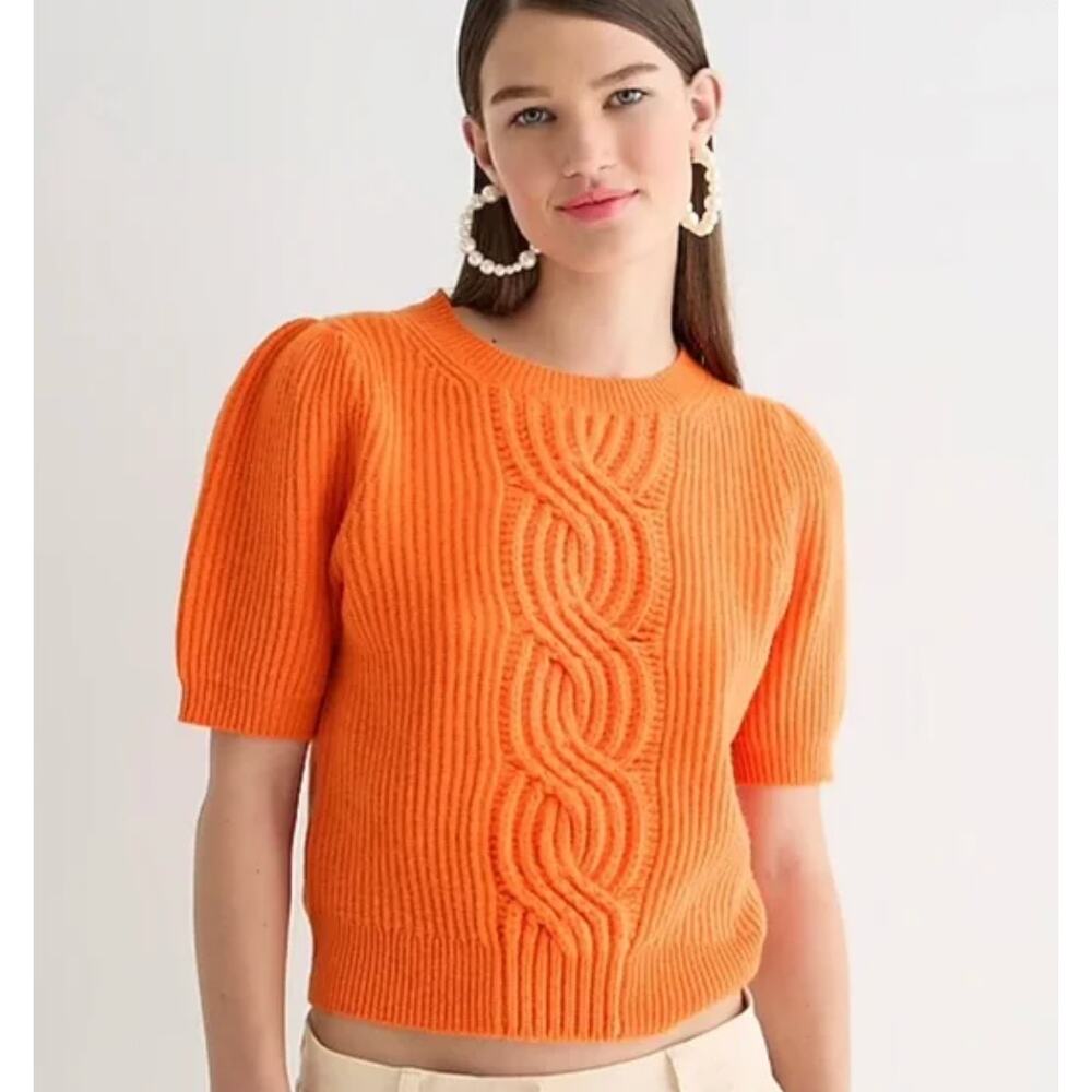 J. CREW Vibrant Neon Orange Cable Knit Short Sleeve Sweater Women's Size Small